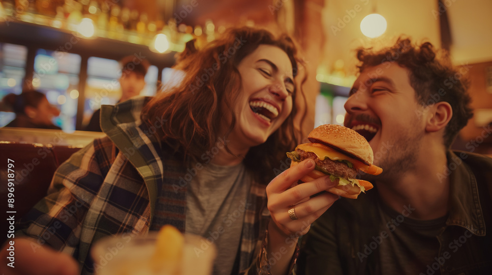 Couple Laughing While Enjoying Burgers in a Restaurant at Night Couple Laughing While Enjoying Burgers in a Restaurant at Night