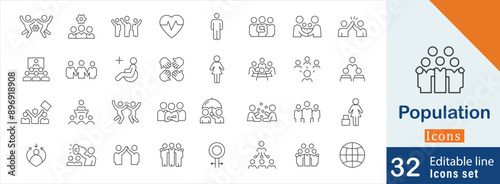 Population editable thin simple line icon set. containing gentleman, employee, population, person, society, growing and more stroke collection