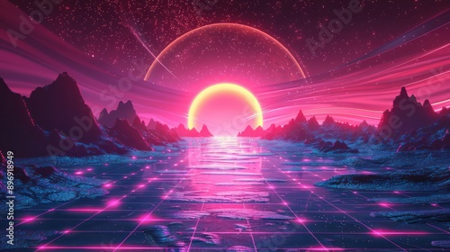 Surreal Sunset Landscape with Glowing Elements