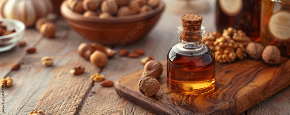 Pleasant nutty aroma swirling from a glass bottle of extract, rich and inviting scent, warm and cozy kitchen ambiance Pleasant nutty aroma swirling from a glass bottle of extract, rich and inviting scent, warm and cozy kitchen ambiance
