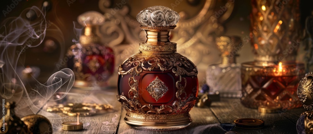Redolent spirit perfume in an ornate bottle, surrounded by ethereal wisps and mystical symbols, enchanting and luxurious Redolent spirit perfume in an ornate bottle, surrounded by ethereal wisps and mystical symbols, enchanting and luxurious