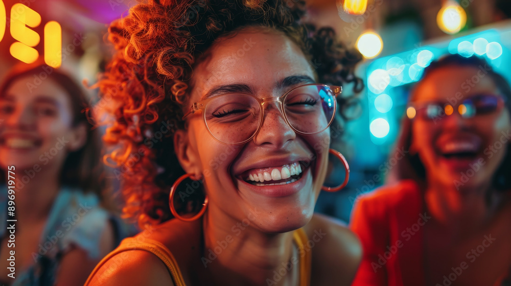 A joyful woman smiling brightly with friends in a vibrant, colorful setting, creating a lively atmosphere of happiness and connection. A joyful woman smiling brightly with friends in a vibrant, colorful setting, creating a lively atmosphere of happiness and connection.