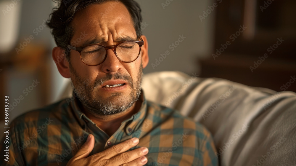 A man expresses deep emotional pain, clutching his chest while sitting on a sofa, showcasing vulnerability and raw human emotion. A man expresses deep emotional pain, clutching his chest while sitting on a sofa, showcasing vulnerability and raw human emotion.