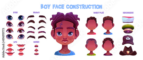 African kid boy avatar construction kit. Cartoon vector set of different eyes and noses, lips and eyebrows, haircuts and color of hair for child face generator. Male character portrait constructor.