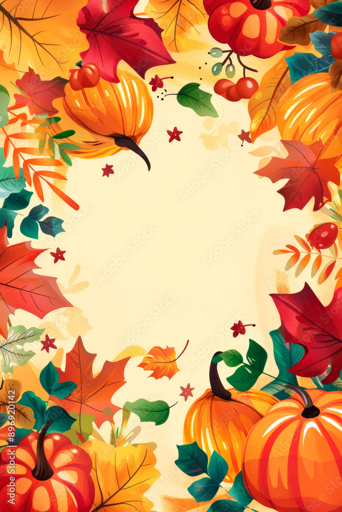 Watercolor Illustration autumn background pumpkins and leaves on yellow background. Thanksgiving concept. Copy Space.