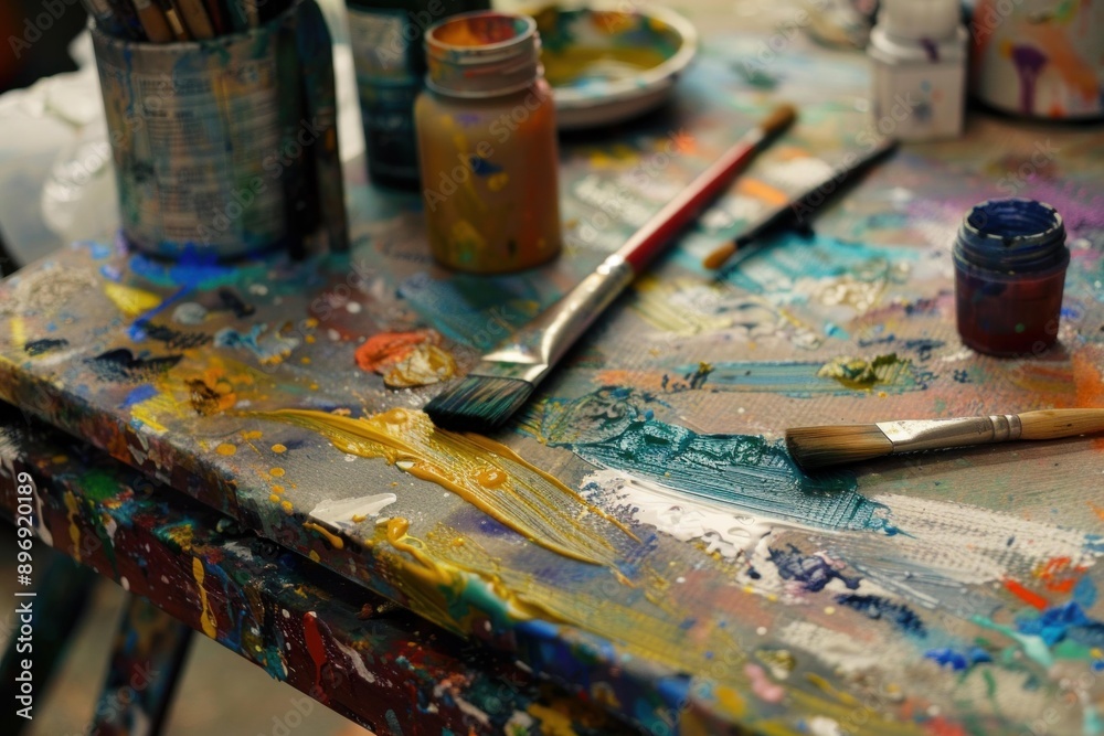 Closeup of an artist's paintsplattered palette with brushes, capturing the essence of the creative process Closeup of an artist's paintsplattered palette with brushes, capturing the essence of the creative process