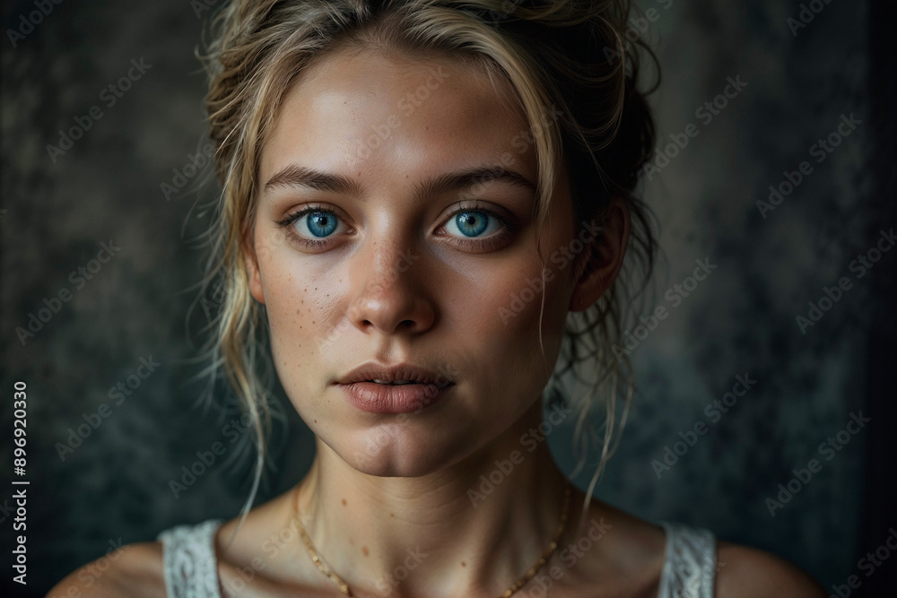 A Young Woman With Blue Eyes and Blonde Hair, Wearing a White Top and Necklace, Looking Directly at the Camera. A Young Woman With Blue Eyes and Blonde Hair, Wearing a White Top and Necklace, Looking Directly at the Camera.
