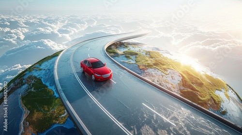 Red car on road around earth globe on white background,drive around the world,Empty road pathway with lines and texture,The road through the green forest,Ecosystem and environment concept.