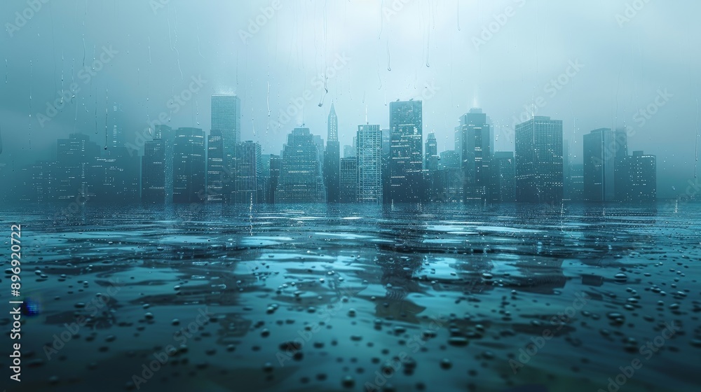 Fototapeta premium A futuristic cityscape shrouded in mist and rain, reflecting in a flooded street.