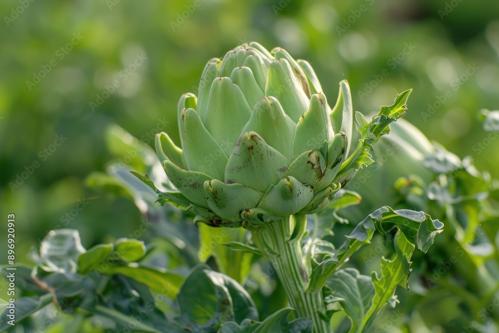Closeup of a vibrant green artichoke growing in a sunlit garden Closeup of a vibrant green artichoke growing in a sunlit garden