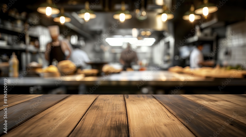 close up of empty wooden table with blurred professional chefs cooking in kitchen restaurant background close up of empty wooden table with blurred professional chefs cooking in kitchen restaurant background