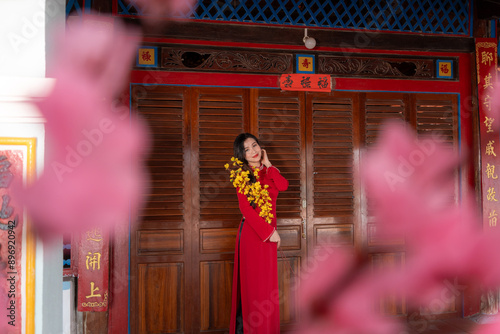 Vietnamese girl with Ao Dai dress standing in traditional house of Vietnam. Text in photo mean best wishes to family, happiness, prosperity, health. Tet holiday and New Year. photo