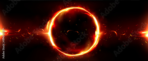 Fire circle frame. Flame light ring background. Ignite round fiery with glow and burn border effect. Red magic flare and hot spark wheel energy template. Neon speed inferno tunnel illustration