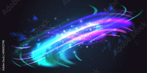 Vector illustration. Dark background with aurora lights and triangle elements. Design for wallpaper, banner, postcard.