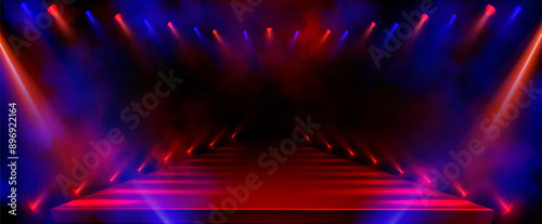 Fashion runway stage with spotlight background. Gala catwalk with red and blue bright beam for entertainment concert at night. Empty party scene with smoke effect. 3d neon disco performance podium