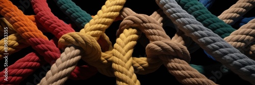 Vibrant, colorful woven ropes intertwined on a black background. Represents connection, unity, and strength. Perfect for concepts of teamwork and diversity.