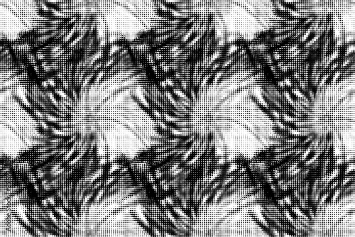 Halftone seamless polka dot pattern with rotating mandalas with highlighted sectors. Shift dot grid. Vector.