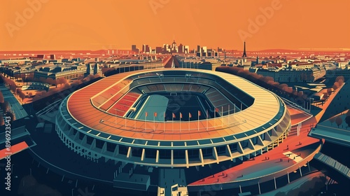 sports stadium landscape, stadium, world cup poster, energy, happy, festival, sports, olympic, competition, paris, view of the city photo