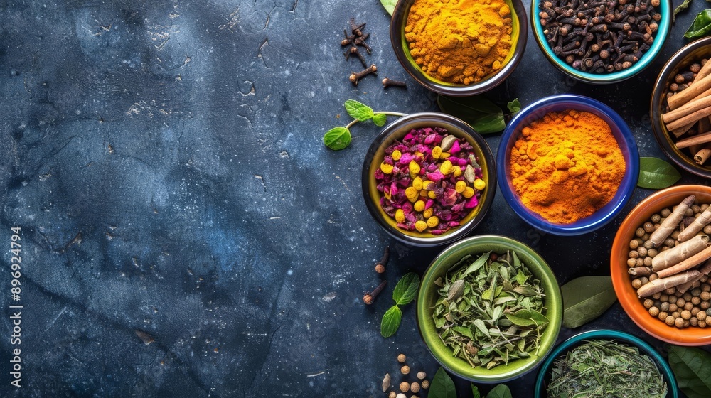 Healthy Innovative Herbal Ayurveda Traditional Ayurvedic herbs and spices in colorful bowls Healthy Innovative Herbal Ayurveda Traditional Ayurvedic herbs and spices in colorful bowls