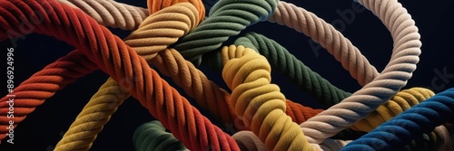 Vibrant, colorful woven ropes intertwined on a black background. Represents connection, unity, and strength. Perfect for concepts of teamwork and diversity.