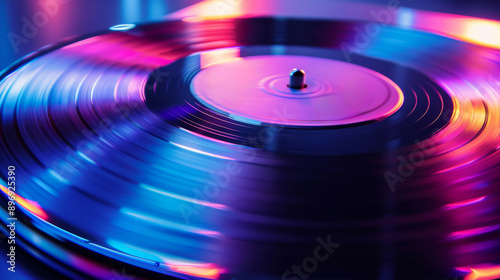 Colorful vinyl record spinning on turntable, close-up view. Retro music and audio concept