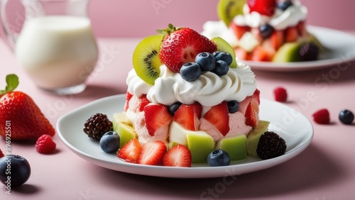 Vanilla cake with strawberries blueberries and cream on a pink tablecloth surrounded by additional fruits and a pitcher of milk.