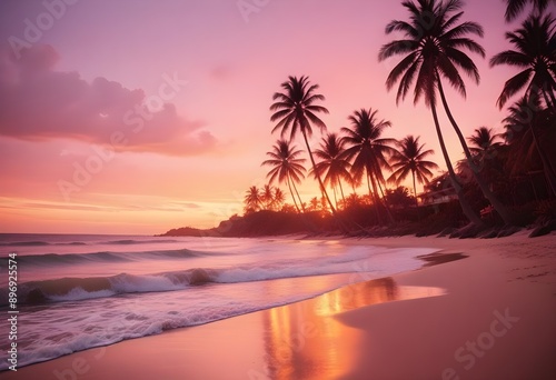 A purple-pink sunset on a beach with palm trees and an ocean view