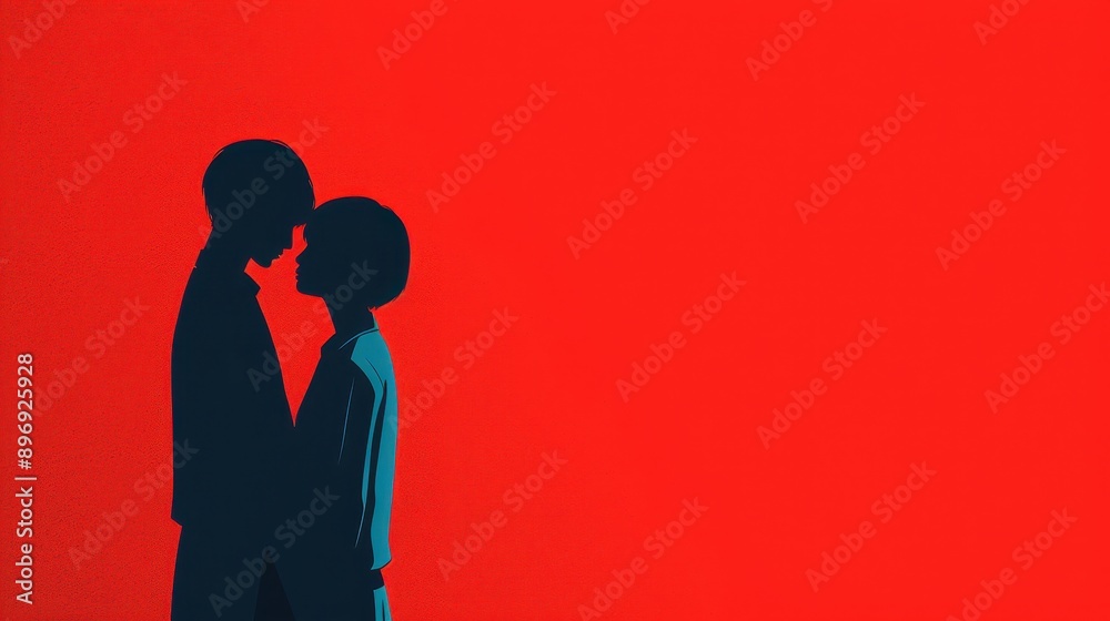Silhouette of a couple standing closely against a bold red background, emphasizing love and intimacy with minimalistic design.