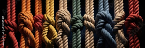Vibrant, colorful woven ropes intertwined on a black background. Represents connection, unity, and strength. Perfect for concepts of teamwork and diversity.