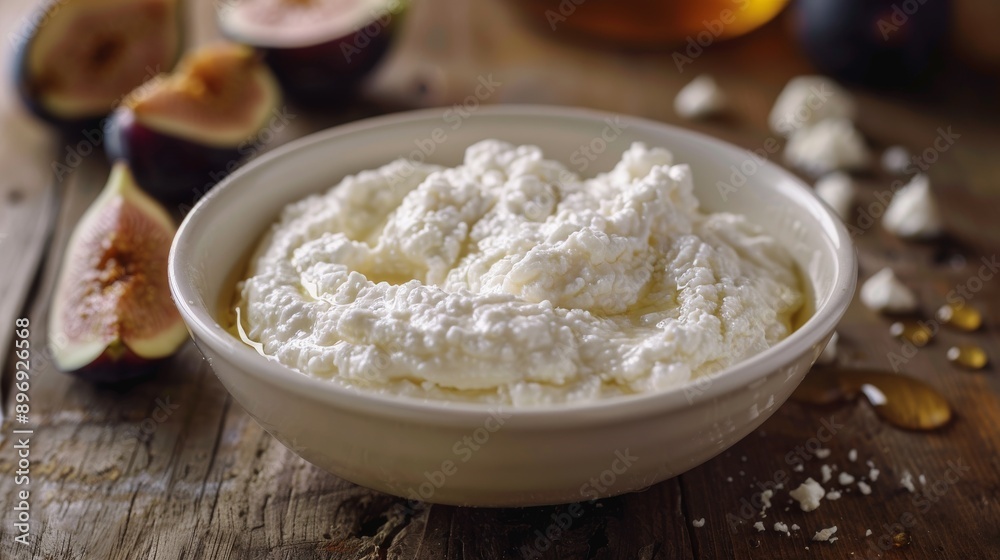 Fresh Ricotta Cheese in Ceramic Bowl on Rustic Wooden Table with Figs and Honey for Gourmet Food Design Fresh Ricotta Cheese in Ceramic Bowl on Rustic Wooden Table with Figs and Honey for Gourmet Food Design