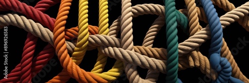 Vibrant, colorful woven ropes intertwined on a black background. Represents connection, unity, and strength. Perfect for concepts of teamwork and diversity.