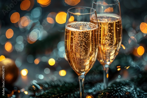 Champagne glasses drink wine with fireworks or bokeh lights background on new year night celebration