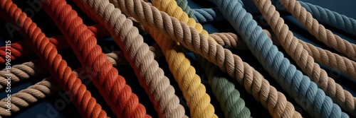 Vibrant, colorful woven ropes intertwined on a black background. Represents connection, unity, and strength. Perfect for concepts of teamwork and diversity.