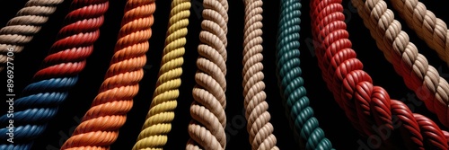 Vibrant, colorful woven ropes intertwined on a black background. Represents connection, unity, and strength. Perfect for concepts of teamwork and diversity.