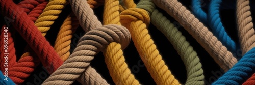Vibrant, colorful woven ropes intertwined on a black background. Represents connection, unity, and strength. Perfect for concepts of teamwork and diversity.