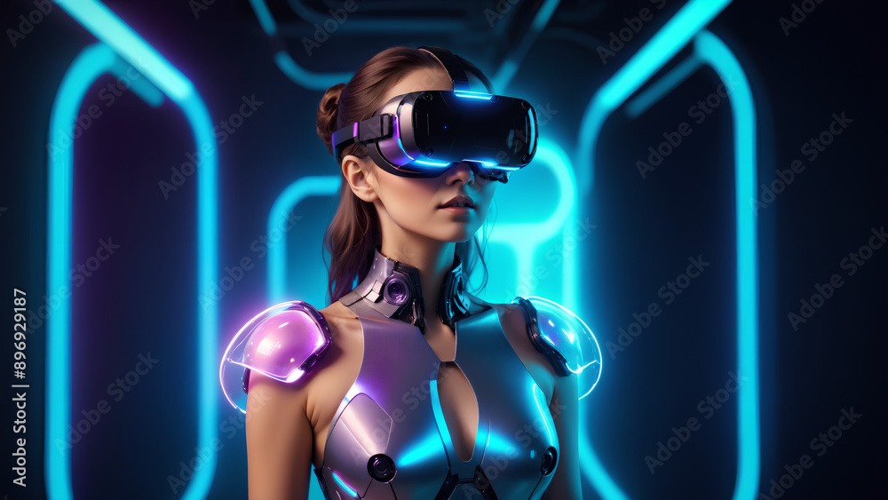 Beautiful woman in futuristic dress on neon light background female in glasses of virtual reality Beautiful woman in futuristic dress on neon light background female in glasses of virtual reality