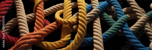 Vibrant, colorful woven ropes intertwined on a black background. Represents connection, unity, and strength. Perfect for concepts of teamwork and diversity.