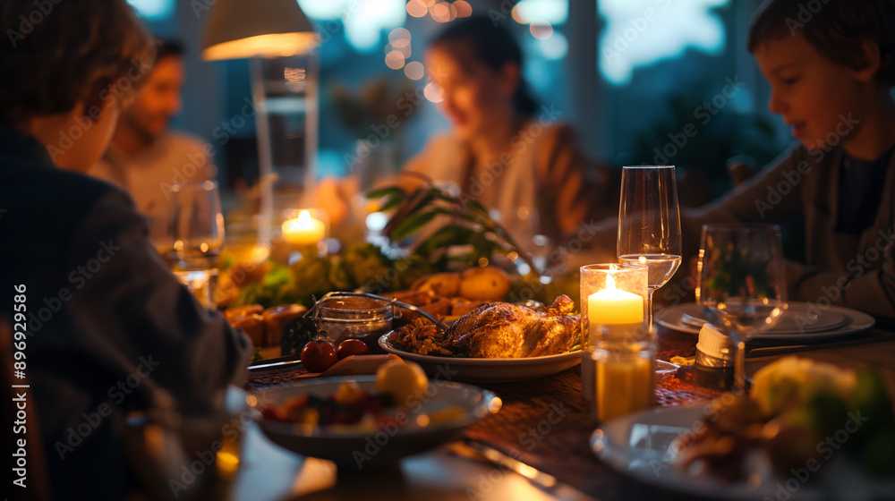 Obraz premium Family Enjoying a Candlelit Dinner With Roasted Chicken