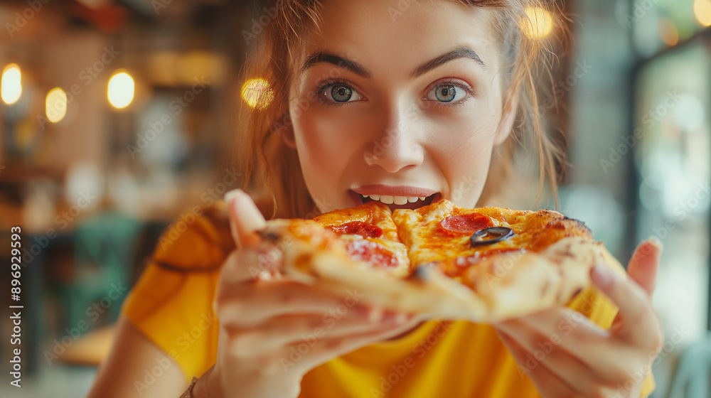 Young Woman Enjoying Pizza Slice in Cafe Young Woman Enjoying Pizza Slice in Cafe