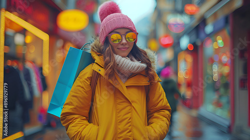 Woman in yellow coat and sunglasses holding shopping bags.