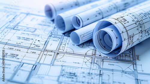 Collaborative construction design, engineers and architects with plans,