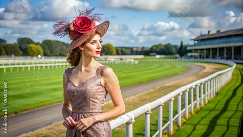 Young woman in elegant dress and fascinator at horse racing track, fashion, beauty, style, classy, chic, event, race day, elegant photo