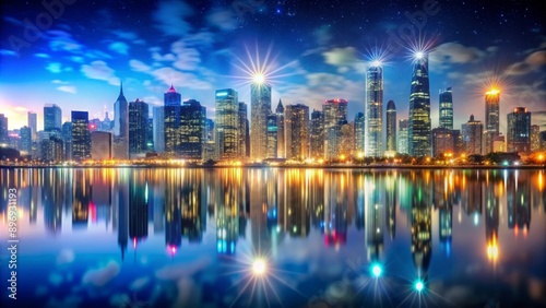 City skyline with illuminated buildings and twinkling lights reflecting off the water , urban, night, lights