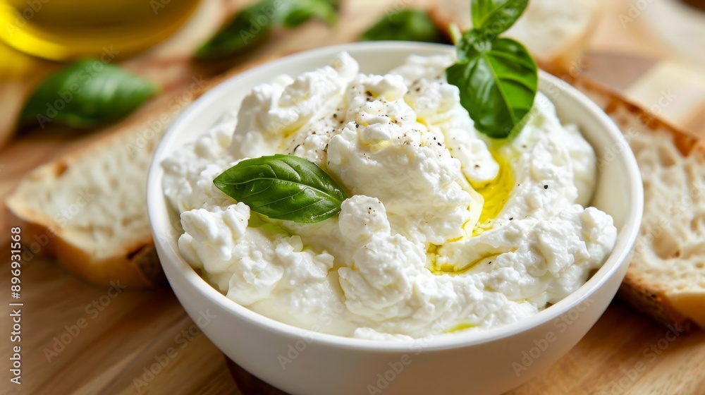 Creamy Ricotta Cheese with Olive Oil Drizzle and Fresh Basil for Culinary Delight, Food Photography Creamy Ricotta Cheese with Olive Oil Drizzle and Fresh Basil for Culinary Delight, Food Photography