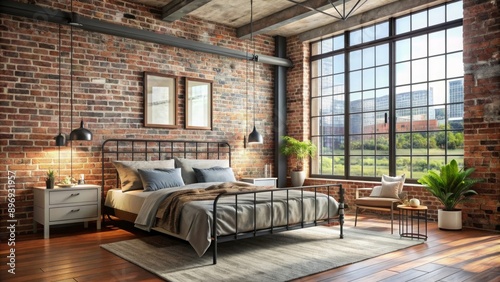 Industrial chic bedroom with exposed brick wall
