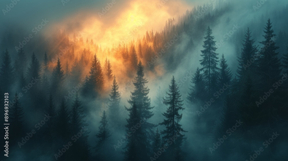 Misty forest with glowing sunrise during foggy morning, ethereal and serene nature scene Misty forest with glowing sunrise during foggy morning, ethereal and serene nature scene