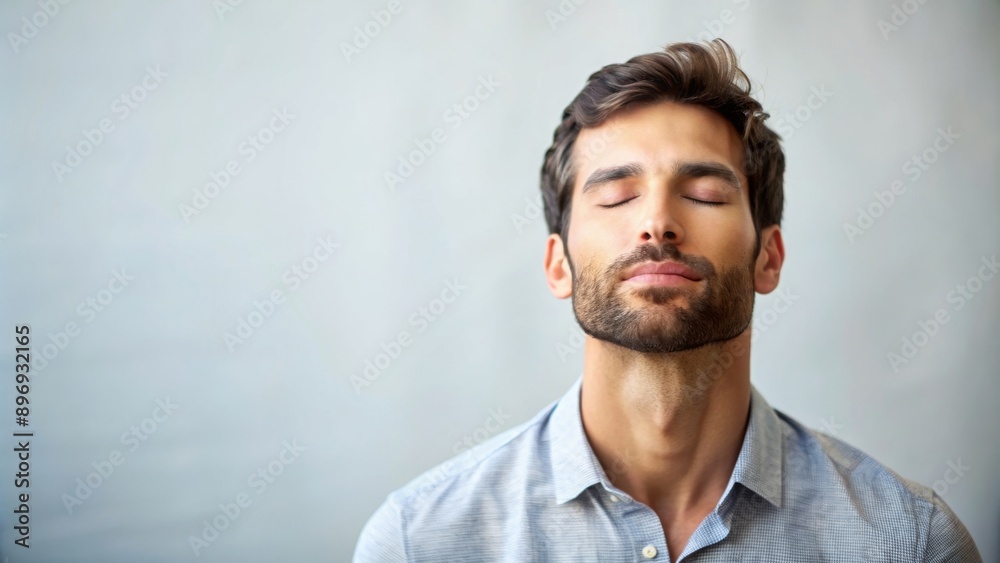 Portrait of man practicing breath exercises to calm down, breath exercises, relaxation Portrait of man practicing breath exercises to calm down, breath exercises, relaxation