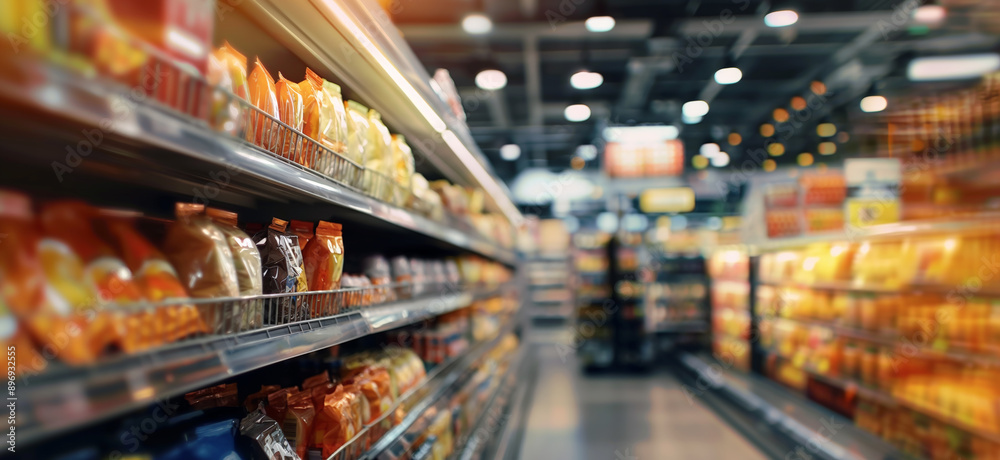 Defocused supermarket aisle with shelves stocked with various packaged goods, blurred background, and bright lighting Defocused supermarket aisle with shelves stocked with various packaged goods, blurred background, and bright lighting
