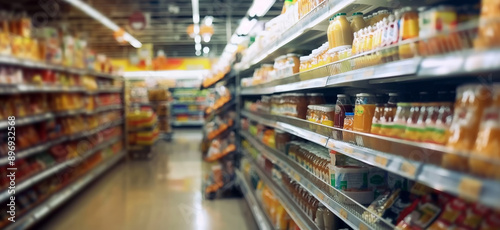 Wallpaper Mural Blurred supermarket aisle with focus on shelves stocked with colorful beverages and packaged goods Torontodigital.ca