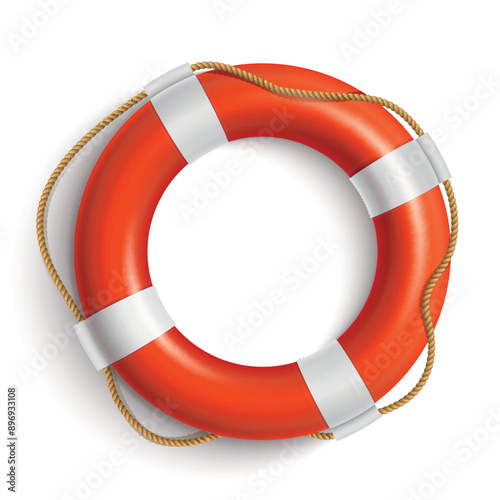 Red and white lifebuoy with rope on white background